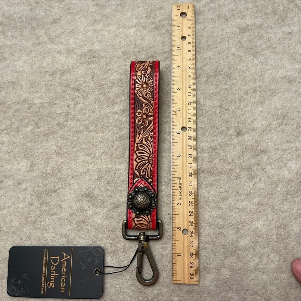American Darling ADWSF103 Tooled Genuine Leather Keychain Wristlet Red Brown New